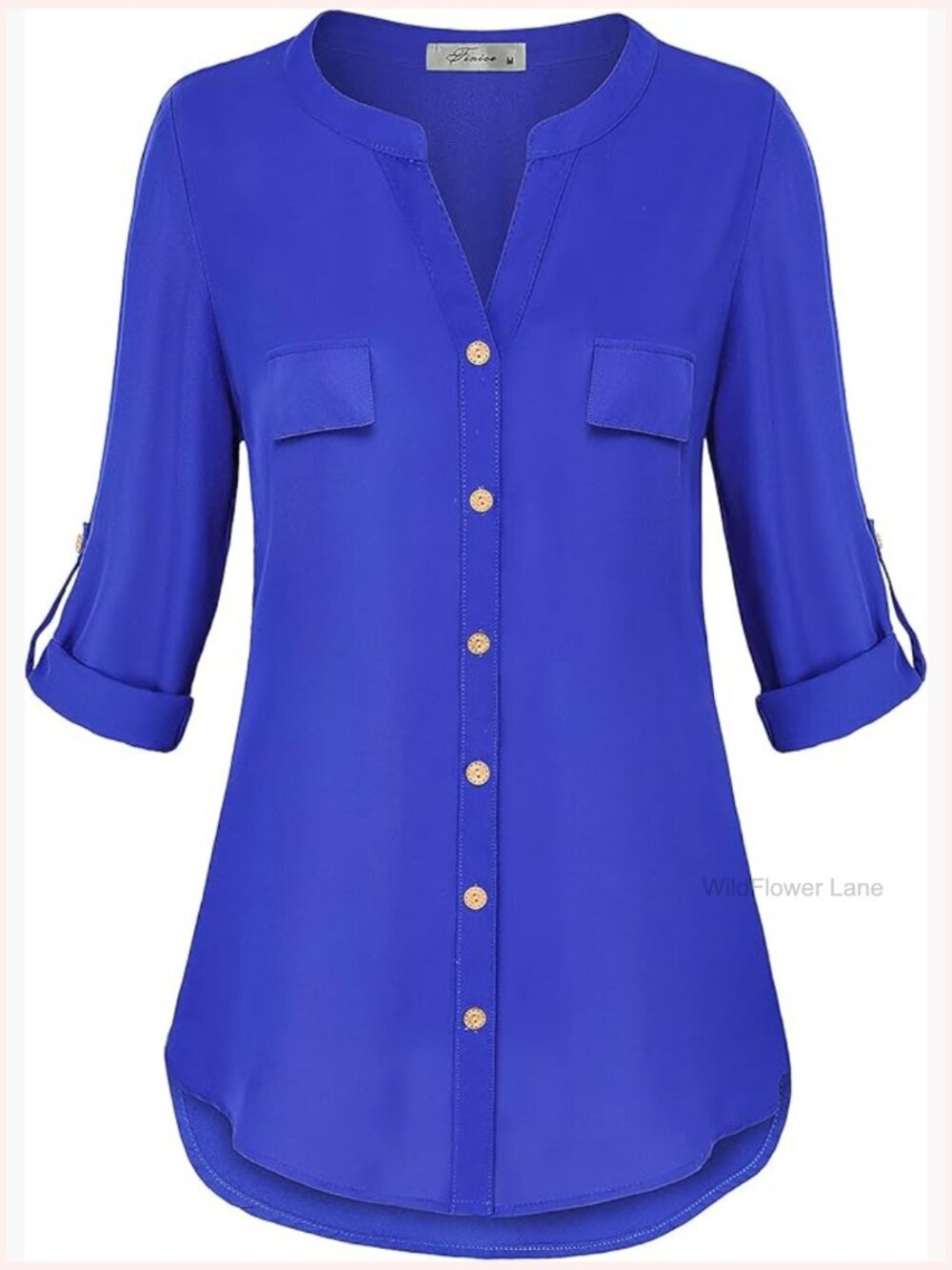 Notch V-Neck Tab Sleeve Button Down Chiffon Tunic Blouse